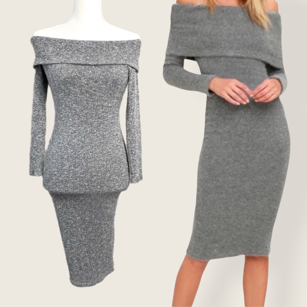 Off-the-Shoulder Soft Grey Ribbed Midi Dress S